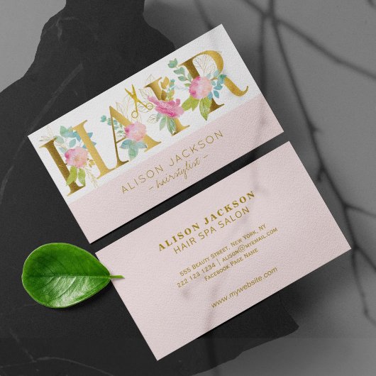 Haarsalon goudroze blauwe glazen haarstylist visitekaartje