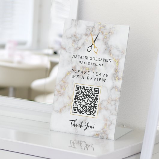 Haarsalon Marmeren Zwart Gouden Schaar QR Review Reclamebord Met Voetstuk