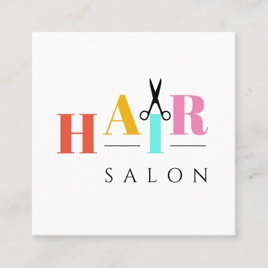 Haarsalon met grote typografie-schaar vierkante visitekaartje (Voorkant)