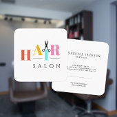 Haarsalon met grote typografie-schaar vierkante visitekaartje