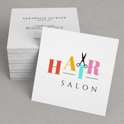 Haarsalon met grote typografie-schaar vierkante visitekaartje