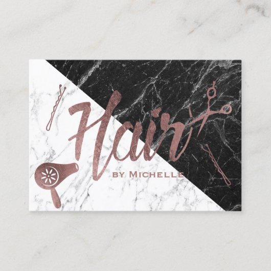 Haarsalon Roos Goud Script Zwart & Wit Marmer Visitekaartje (Voorkant)
