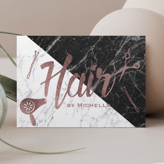 Haarsalon Roos Goud Script Zwart & Wit Marmer Visitekaartje