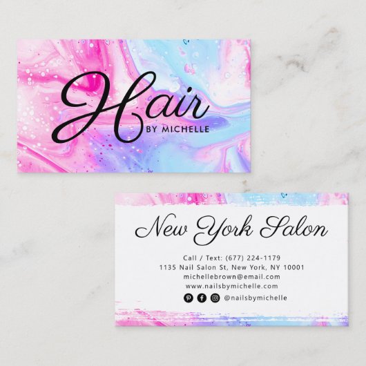 Haarsalon roze blauw girly abstracte waterverf kun visitekaartje (Voorkant / Achterkant)