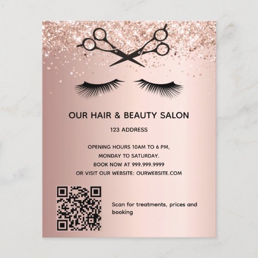Haarsalon roze gouden glitter QR-code Flyer (Voorkant)
