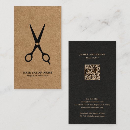 Haarsalon/stylist/kapper schaar Kraft QR Code Visitekaartje (Voorkant / Achterkant)