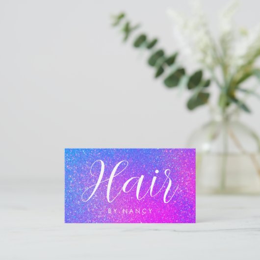 Haarsalon Typografie Paarse holografische glitter Visitekaartje (Staand voorkant)