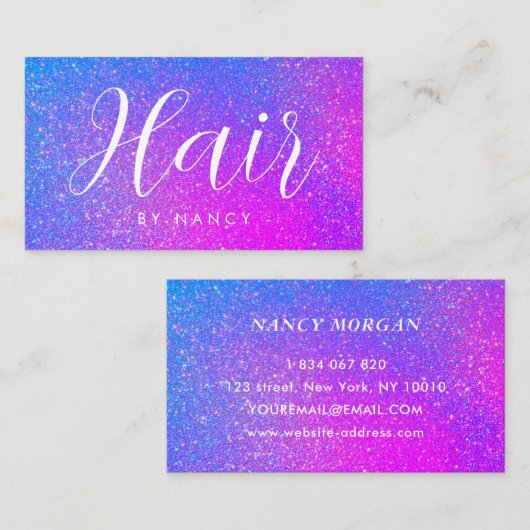 Haarsalon Typografie Paarse holografische glitter Visitekaartje (Voorkant / Achterkant)