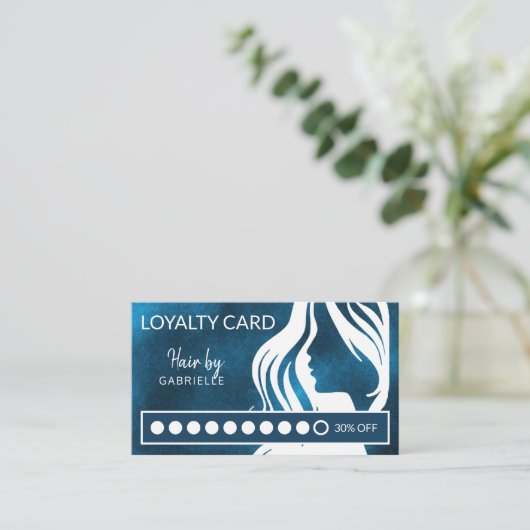 Haarsalon wit en blauw moderne loyaliteitspunch visitekaartje (Staand voorkant)