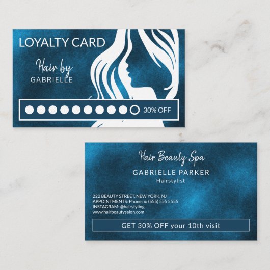 Haarsalon wit en blauw moderne loyaliteitspunch visitekaartje (Voorkant / Achterkant)