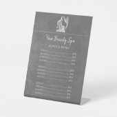 Haarsalon Zilver Grijs Leder Prijslijst Diensten Reclamebord Met Voetstuk (Voorkant)