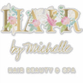 Haarsalonnaam goud en roze bloementypografie sticker (Voorkant)