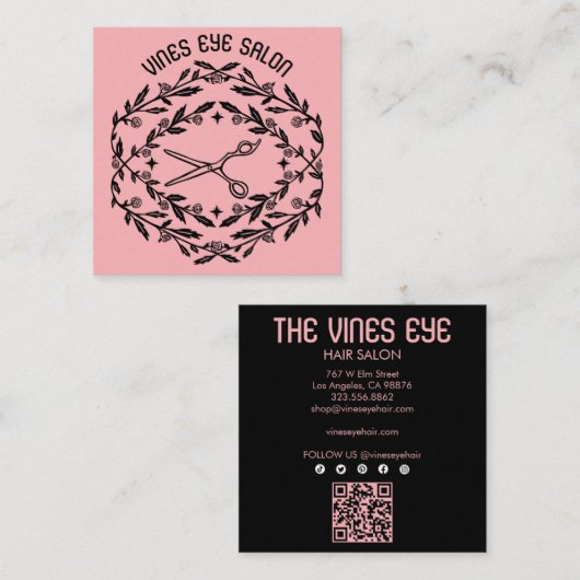 Haarschaar Rozen Wijnstokken Magische Boho QR Soci Vierkante Visitekaartje (Voorkant / Achterkant)