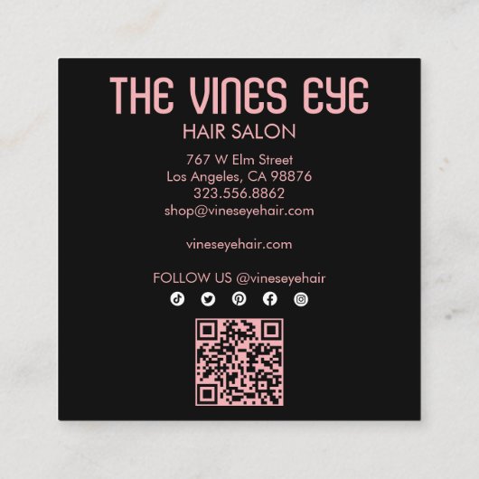 Haarschaar Rozen Wijnstokken Magische Boho QR Soci Vierkante Visitekaartje (Achterkant)