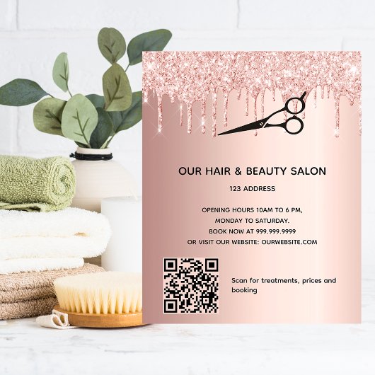 Haarschoonheidssalon roze gouden glitter prijs QR- Flyer