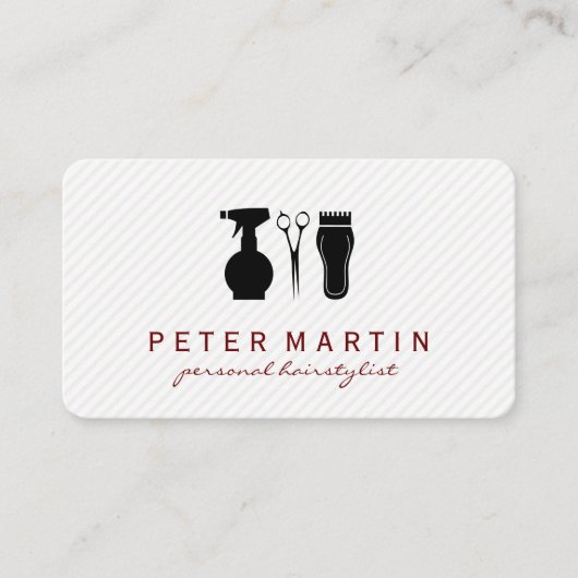 Haarsprayflesje, scharen, klemmen visitekaartje (Voorkant)