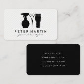 Haarsprayflesje, scharen, klemmen visitekaartje (Voorkant / Achterkant)