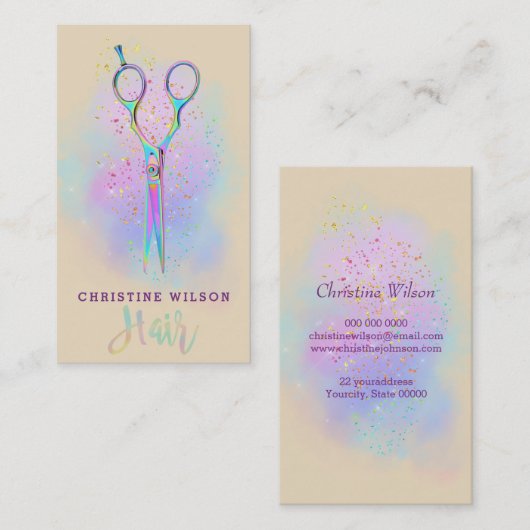 haarstaartschaar op paarse wolkenglitter visitekaartje (Voorkant / Achterkant)
