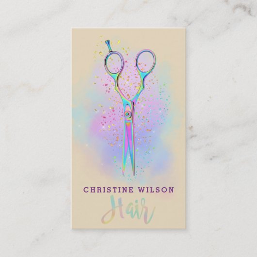 haarstaartschaar op paarse wolkenglitter visitekaartje (Voorkant)