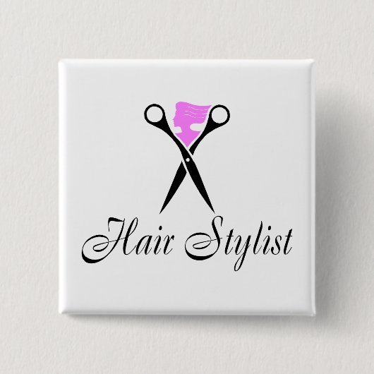 Haarstijdlijst (roze/schaar) vierkante button 5,1 cm (Voorkant)