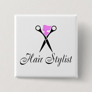 Haarstijdlijst (roze/schaar) vierkante button 5,1 cm