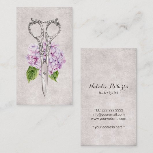 Haarstylist Antiek schaar en Paarse ventilator Visitekaartje (Voorkant / Achterkant)