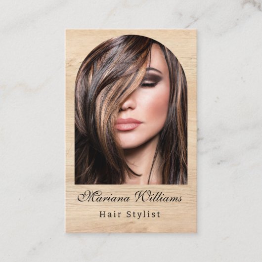 Haarstylist Arch Photo QR Code Minimalistisch Hout Visitekaartje (Voorkant)