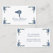 Haarstylist  Blauwe Floral Blow Dryer Salon Visitekaartje (Voorkant / Achterkant)