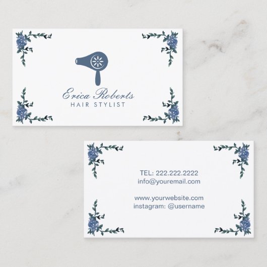 Haarstylist  Blauwe Floral Blow Dryer Salon Visitekaartje (Voorkant / Achterkant)