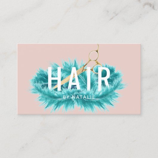 Haarstylist Blauwgroen Feather Gold Scissor Blush  Visitekaartje (Voorkant)