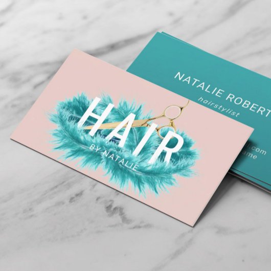 Haarstylist Blauwgroen Feather Gold Scissor Blush  Visitekaartje