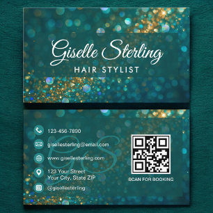 Haarstylist Blauwgroen Gouden Glitter QR Code Luxu Visitekaartje