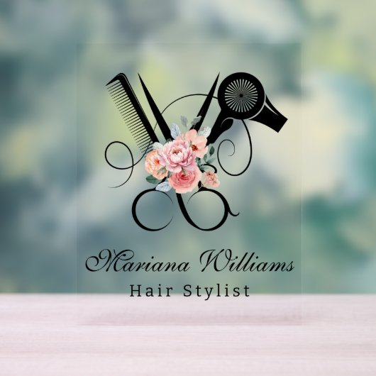 Haarstylist bloemenschaar moderne schoonheidssalon acryl bord (Neutraal)