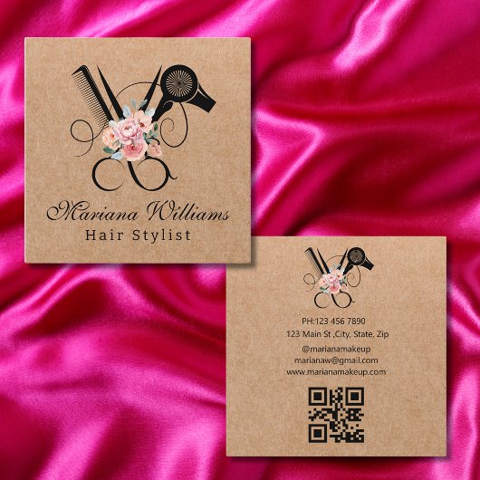 haarstylist bloemenschaar qr code kraft bruin vierkante visitekaartje