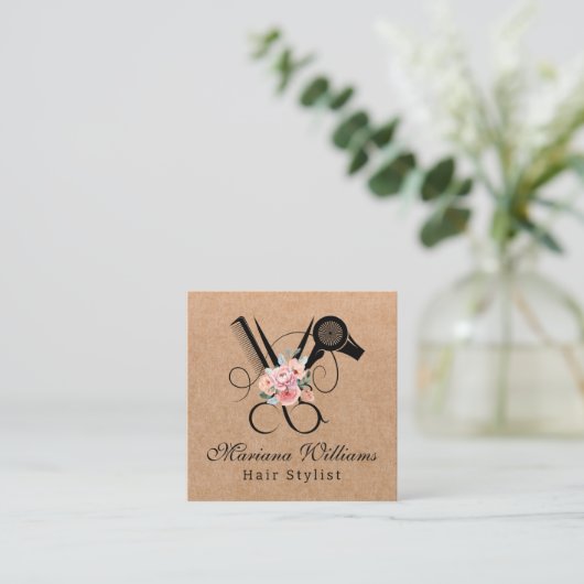 haarstylist bloemenschaar qr code kraft bruin vierkante visitekaartje (Staand voorkant)
