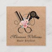 haarstylist bloemenschaar qr code kraft bruin vierkante visitekaartje (Voorkant)