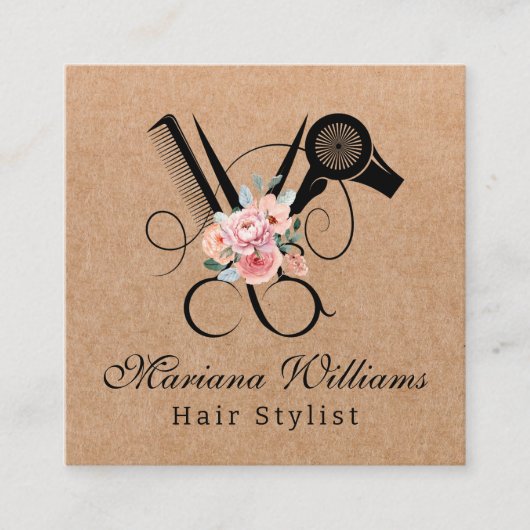 haarstylist bloemenschaar qr code kraft bruin vierkante visitekaartje (Voorkant)