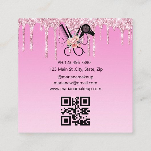 haarstylist bloemenschaar qr code roze glitters vierkante visitekaartje (Achterkant)