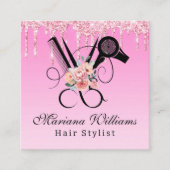 haarstylist bloemenschaar qr code roze glitters vierkante visitekaartje (Voorkant)