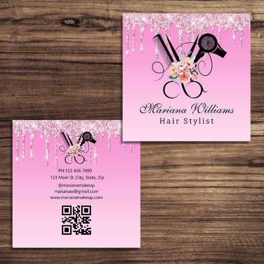 haarstylist bloemenschaar qr code roze glitters vierkante visitekaartje
