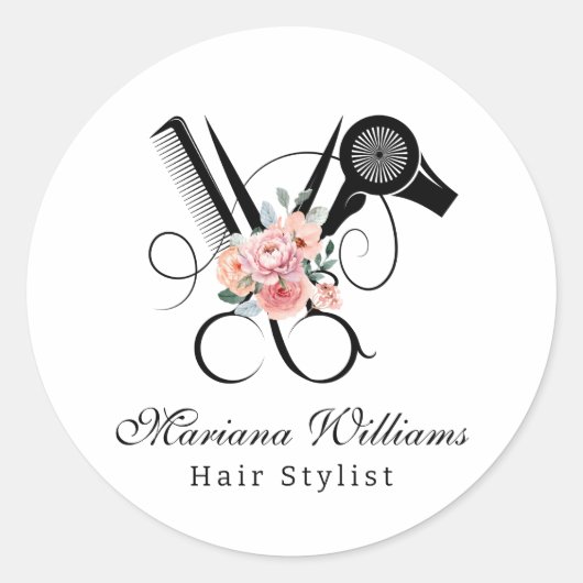 Haarstylist bloemenschaar schoonheidssalon elegant ronde sticker (Voorkant)