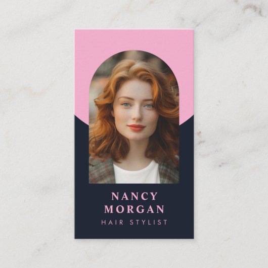 Haarstylist boogfoto QR code roze en marine Visitekaartje (Voorkant)