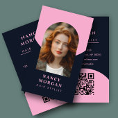 Haarstylist boogfoto QR code roze en marine Visitekaartje