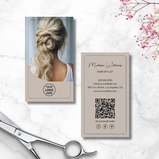 Haarstylist Custom Logo Photo QR Code Beige Visitekaartje