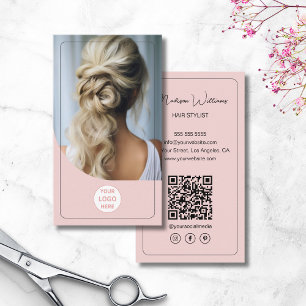 Haarstylist Custom Logo Photo QR Code Roze Visitekaartje