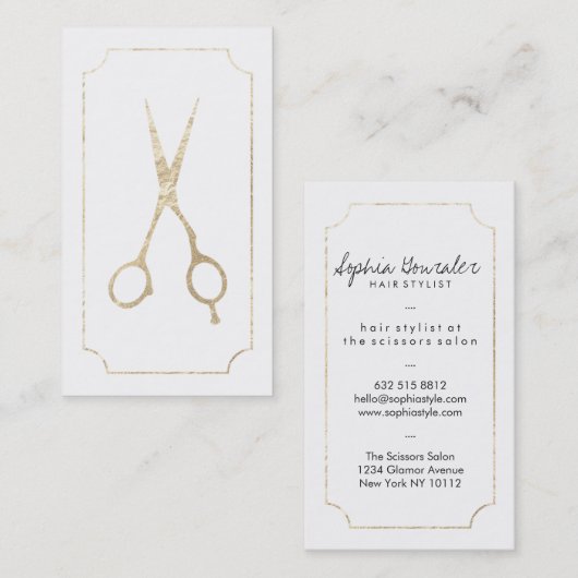 Haarstylist elegant faux gouden schaar witte schaa visitekaartje (Voorkant / Achterkant)