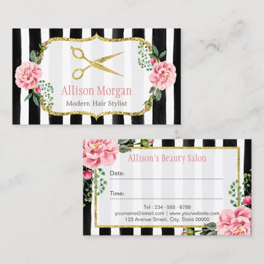 Haarstylist Floral Gold Scissors Appointard Afsprakenkaartje (Voorkant / Achterkant)