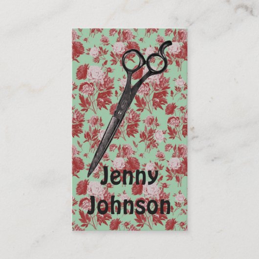  haarstylist florale mint roze rode schaar visitekaartje (Voorkant)