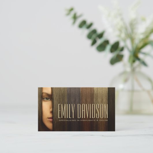 Haarstylist gespecialiseerd in hoogtepunten en kle visitekaartje (Staand voorkant)