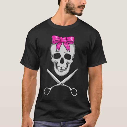 Haarstylist Girl Skull & Shears met roze Bow Fun T-shirt (Voorkant)